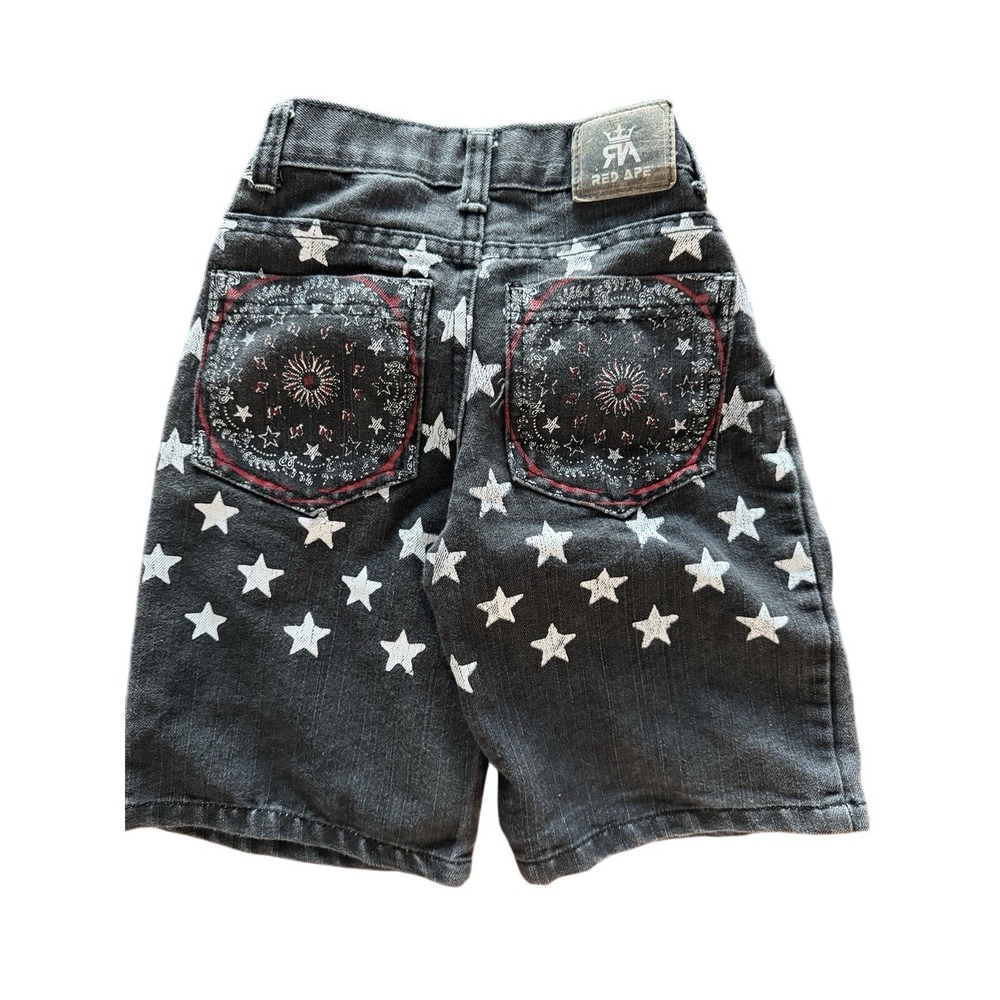 Red Ape Boys Jeans Shorts Star Print Distressed‎ Black Denim Size S 4